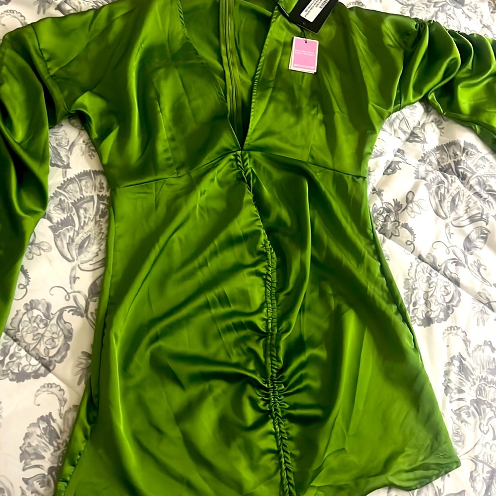 Olive Satin plunge ruched front bodycon dress size 12 (L) from PLT